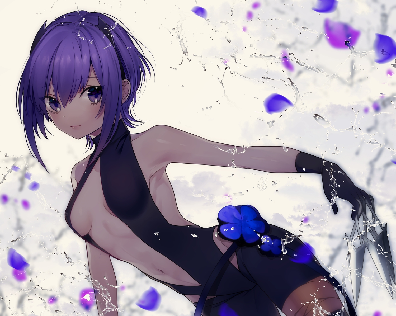 aliasing, bodysuit, breasts, daimaou_ruaeru, dark_skin, fate/grand_order, fate_(series), flowers, gloves, hassan_of_serenity, headband, knife, no_bra, purple_eyes, purple_hair, short_hair, weapon