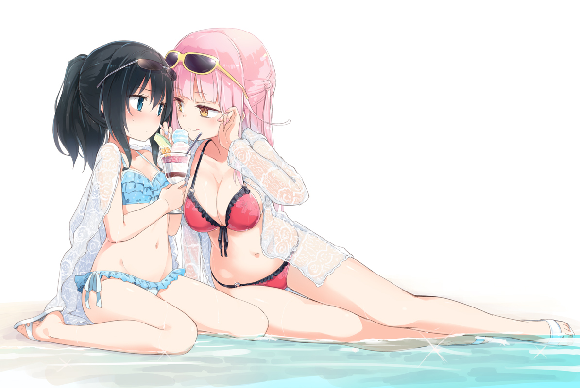 2girls, bikini, black_hair, blue_eyes, breasts, cleavage, food, fruit
