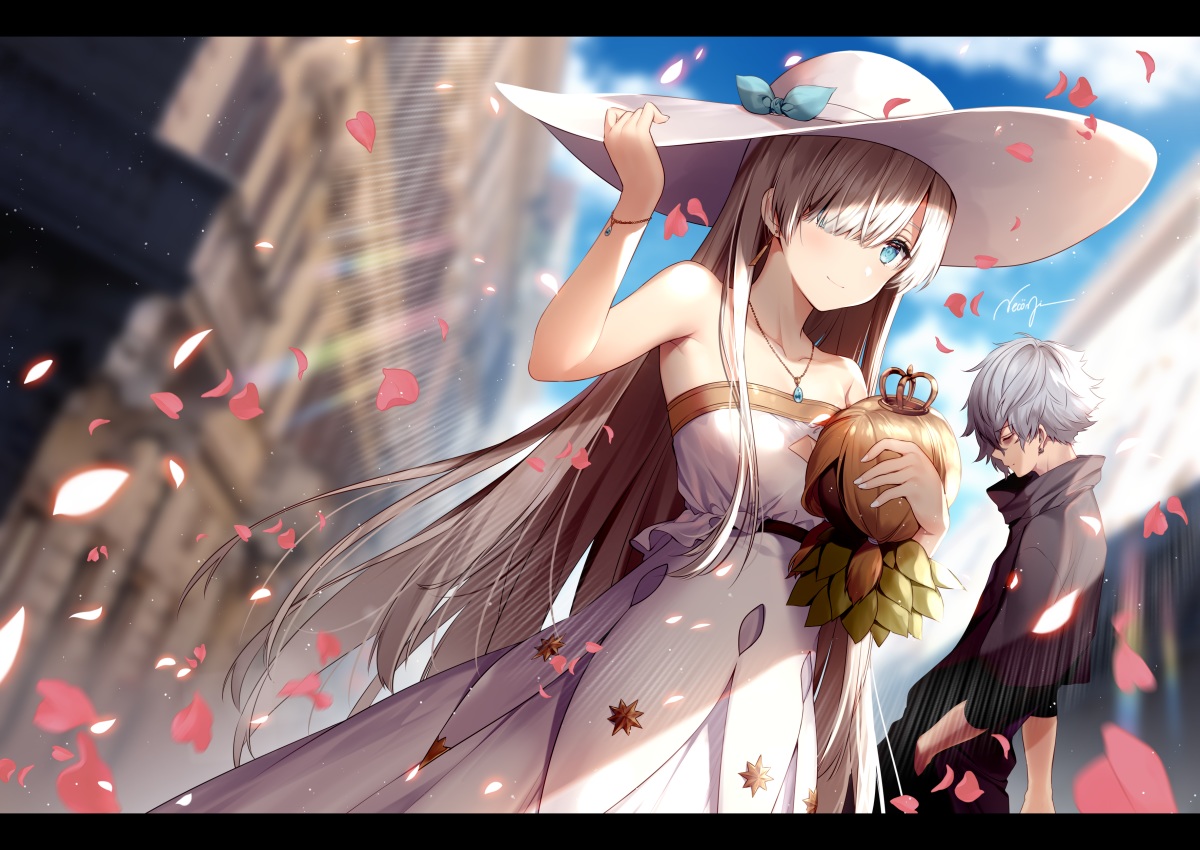 aliasing, anastasia_(fate/grand_order), aqua_eyes, blonde_hair, building, clouds, doll, dress, fate/grand_order, fate_(series), gray_hair, hat, kadoc_zemlupus, long_hair, male, necklace, necomi, petals, short_hair, signed, sky, wristwear