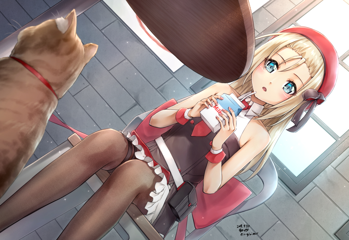 animal, anthropomorphism, blonde_hair, blue_eyes, blush, cat, dress, drink, girls_frontline, hat, long_hair, mp5_(girls_frontline), pantyhose, sarasa_(kanbi)