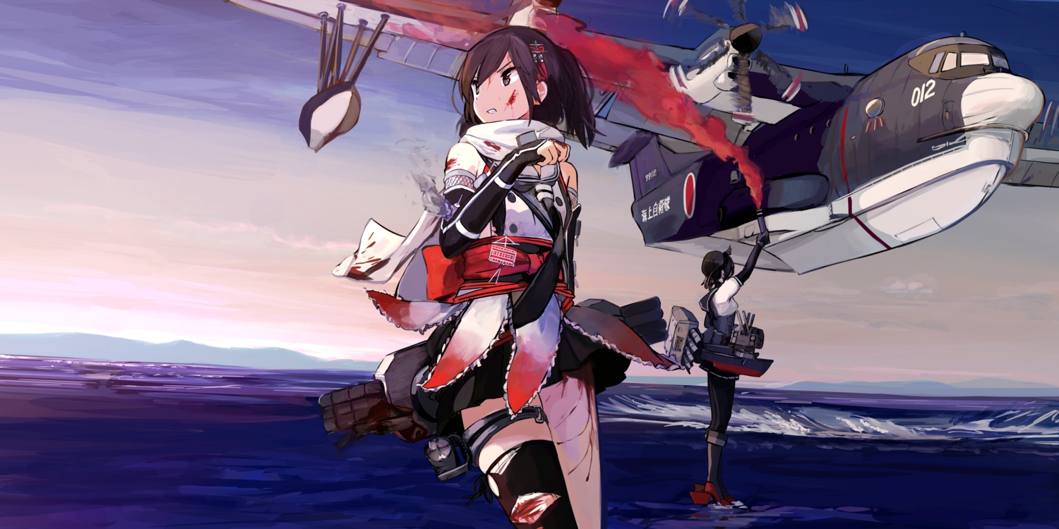 2girls, aircraft, anthropomorphism, black_hair, blood, brown_eyes, brown_hair, chou-10cm-hou-chan, clouds, elbow_gloves, garter, gloves, hatsuzuki_(kancolle), kantai_collection, morakkyo_(mephilas_g3), pantyhose, scarf, sendai_(kancolle), short_hair, skirt, sky, thighhighs, water