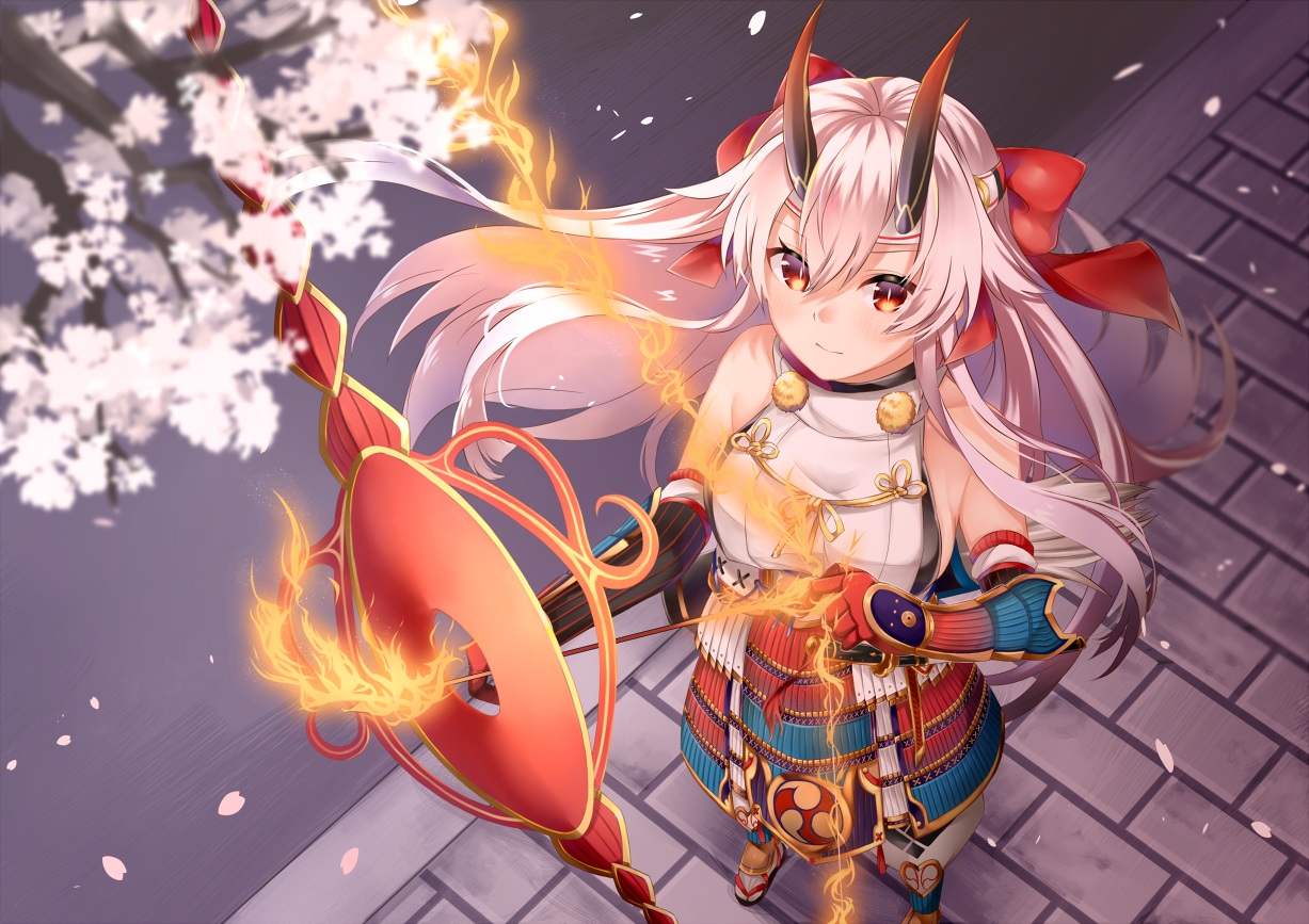 armor, bow, bow_(weapon), elbow_gloves, fate/grand_order, fate_(series), fire, flowers