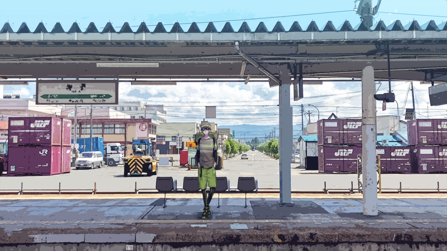 all_male, anthropomorphism, building, car, city, clouds, crustle, hat, kasuka108, male, pokemon, realistic, scenic, short_hair, sky, train