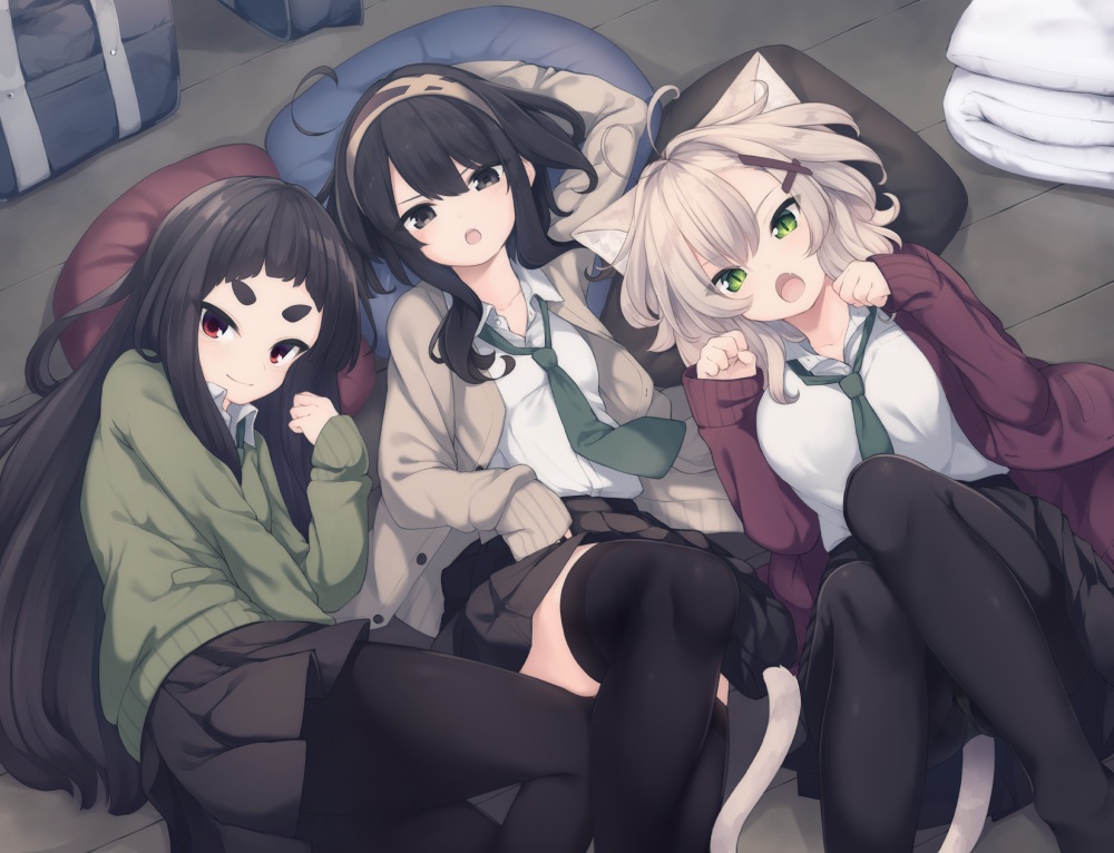 animal_ears, black_hair, blonde_hair, brown_eyes, catgirl, green_eyes, headband, kuranami_shiki, long_hair, natsuki_teru, nekomiya_ryuu, original, pantyhose, red_eyes, school_uniform, shikibe_ayaka, short_hair, skirt, tail, thighhighs, tie