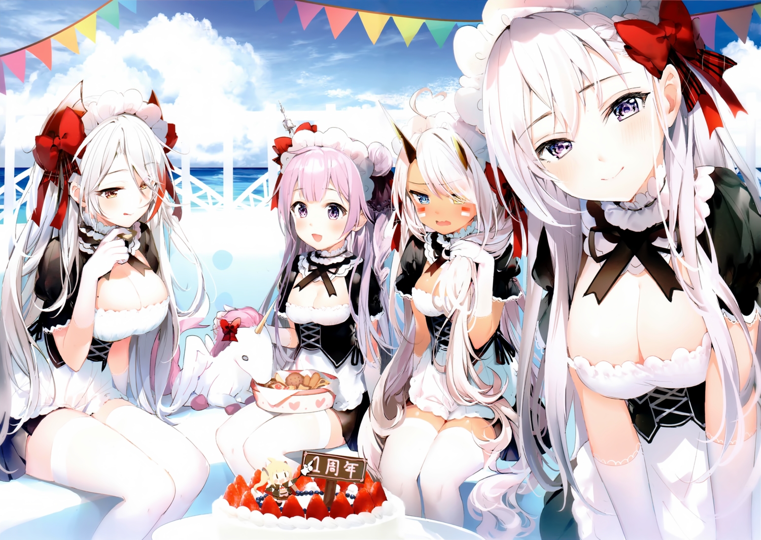 anthropomorphism, azur_lane, belfast_(azur_lane), bicolored_eyes, bow, braids, brown_eyes, cake, clouds, cropped, dress, food, fruit, group, indianapolis_(azur_lane), long_hair, maid, prinz_eugen_(azur_lane), purple_eyes, purple_hair, scan, sky, strawberry, thighhighs, umibouzo_(niito), unicorn_(azur_lane), water, white_hair