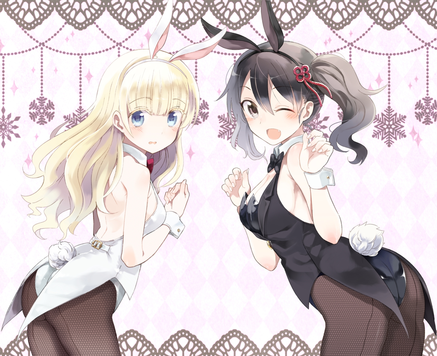2girls, animal_ears, black_hair, blonde_hair, blue_eyes, bodysuit, bow, bunny_ears