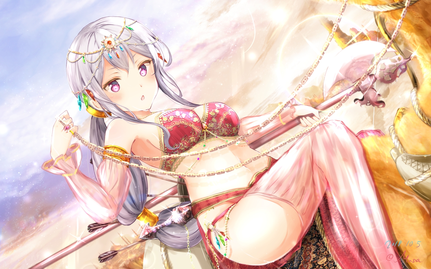 clouds, girlfriend_(kari), gray_hair, headdress, long_hair, masa_(mirage77), navel, ponytail