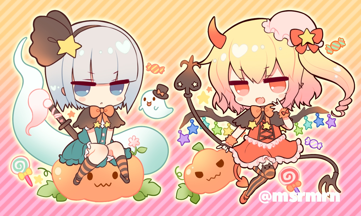 2girls, blonde_hair, blue_eyes, bow, candy, cape, chibi, cosplay