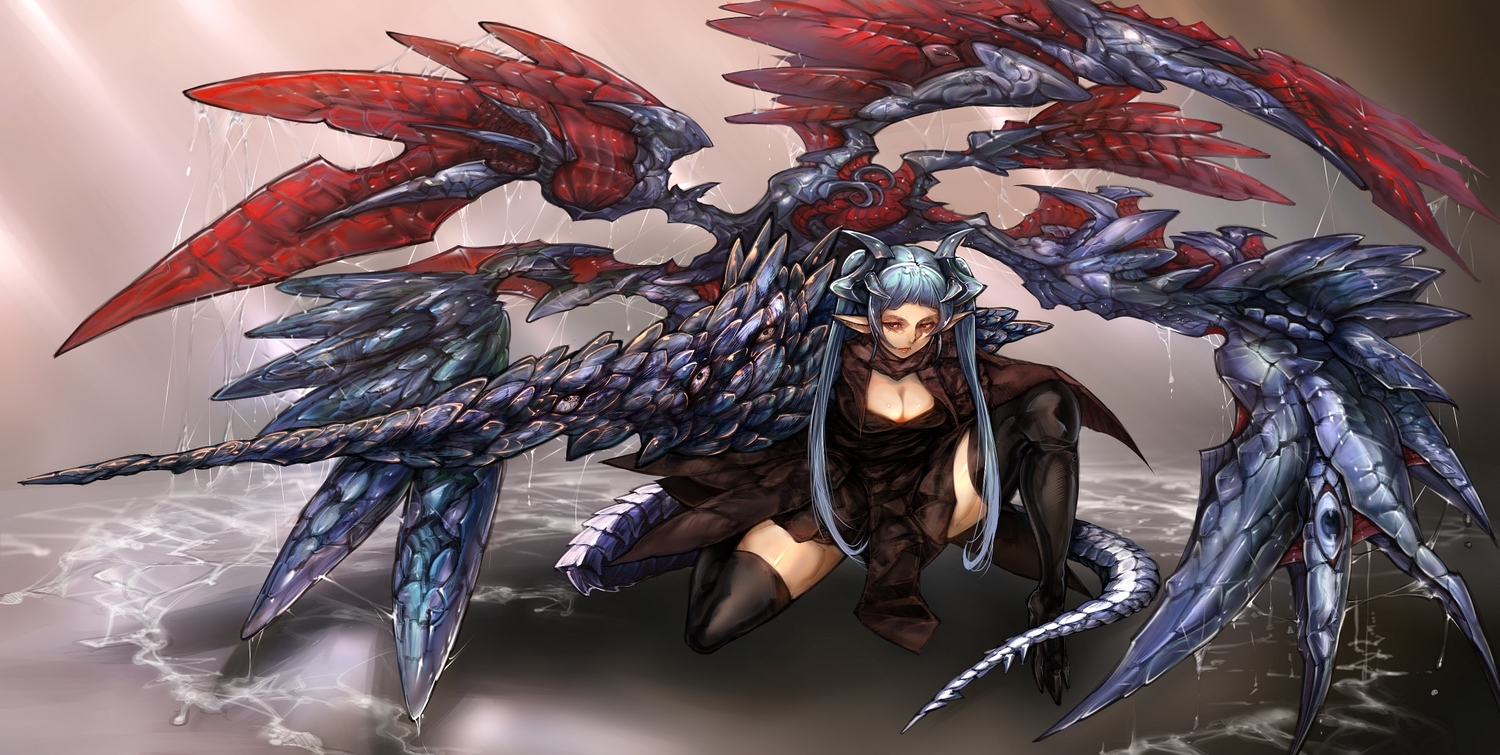 aliasing, breasts, cleavage, horns, masayoshi, original, pointed_ears, tail, twintails