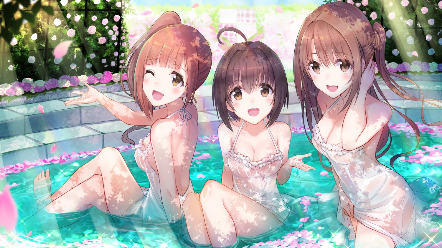 barefoot, blush, breasts, brown_eyes, brown_hair, cleavage, dress, flowers, idolmaster, idolmaster_cinderella_girls, igarashi_kyouko, kohinata_miho, long_hair, ponytail, rose, shimamura_uzuki, short_hair, summer_dress, u_rin, water, wet, wink