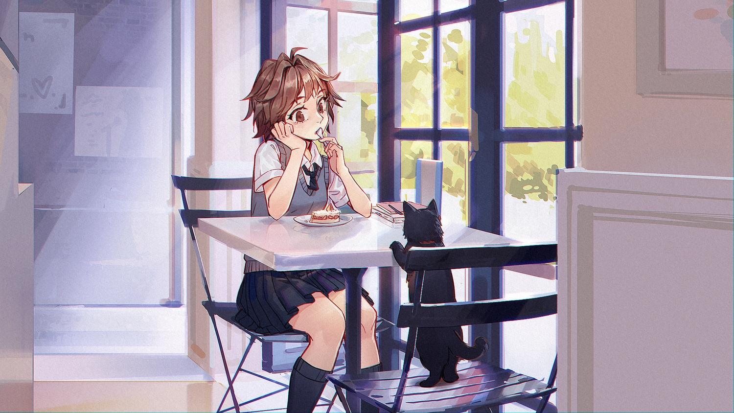 alzi_xiaomi, animal, brown_eyes, brown_hair, cake, cat, food, kneehighs