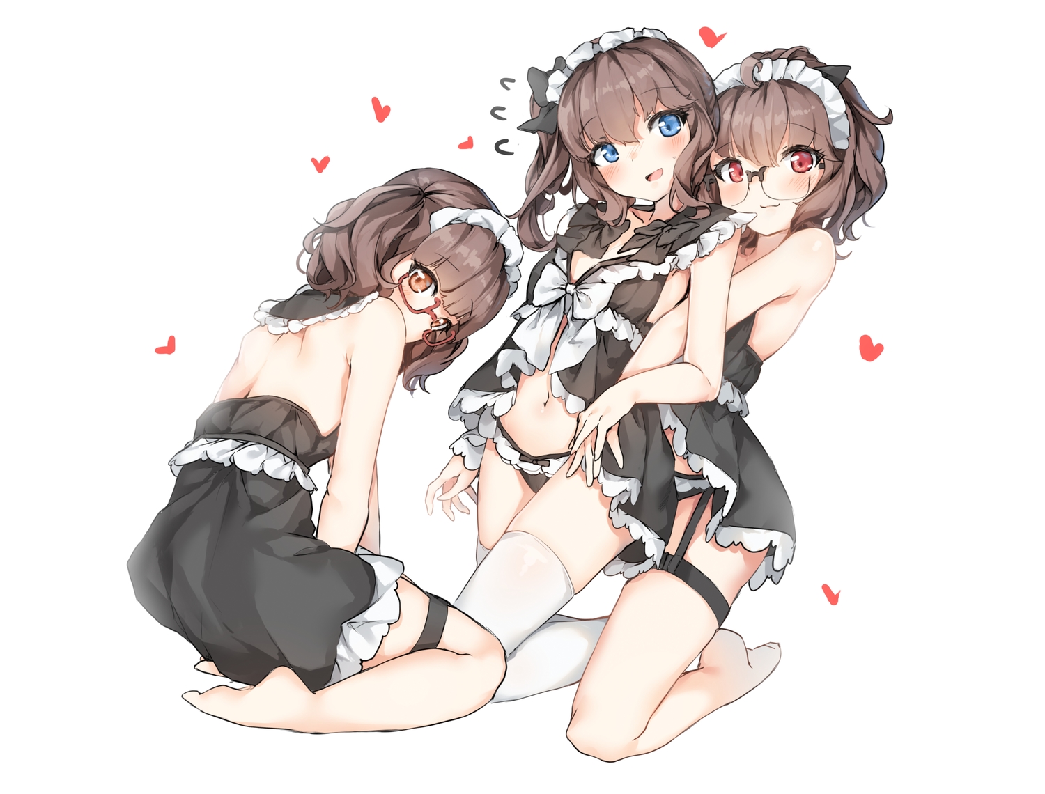 ags-30_(girls_frontline), anthropomorphism, blue_eyes, blush, brown_hair, dress, girls_frontline, glasses, hansal, heart, hug, navel, orange_eyes, panties, red_eyes, short_hair, thighhighs, underwear, white