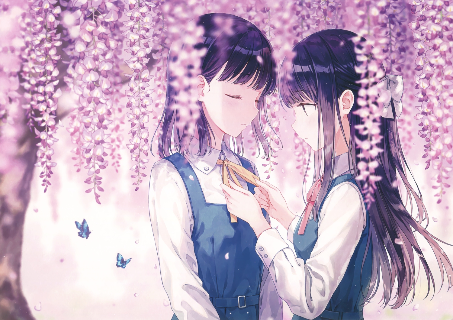 2girls, black_hair, butterfly, hiten_(hitenkei), scan, school_uniform