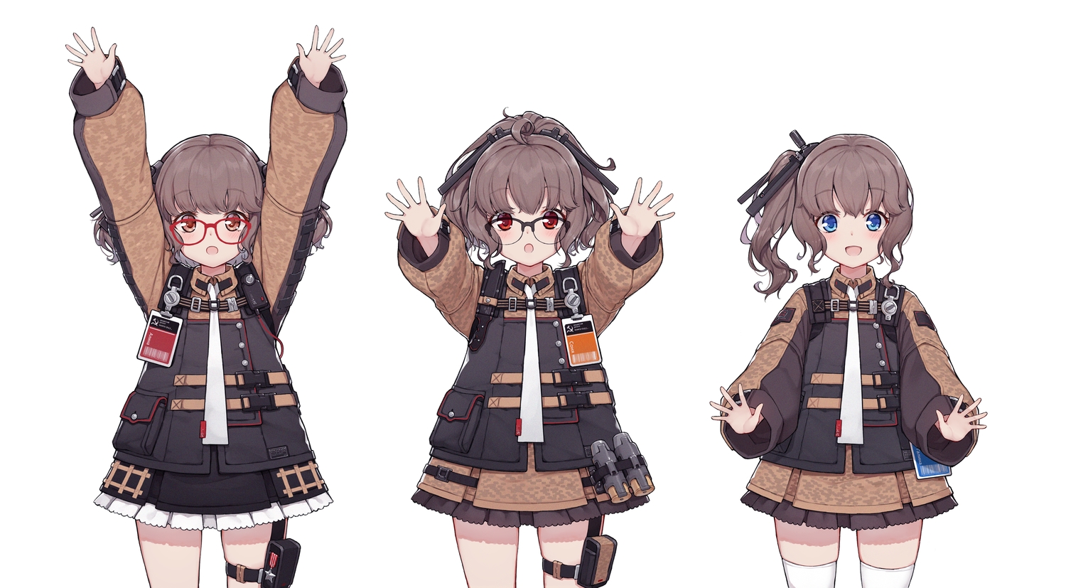 ags-30_(girls_frontline), anthropomorphism, aqua_eyes, blush, brown_hair, garter, girls_frontline, glasses, military, ponytail, red_eyes, skirt, terras, thighhighs, tie, twintails, uniform, white