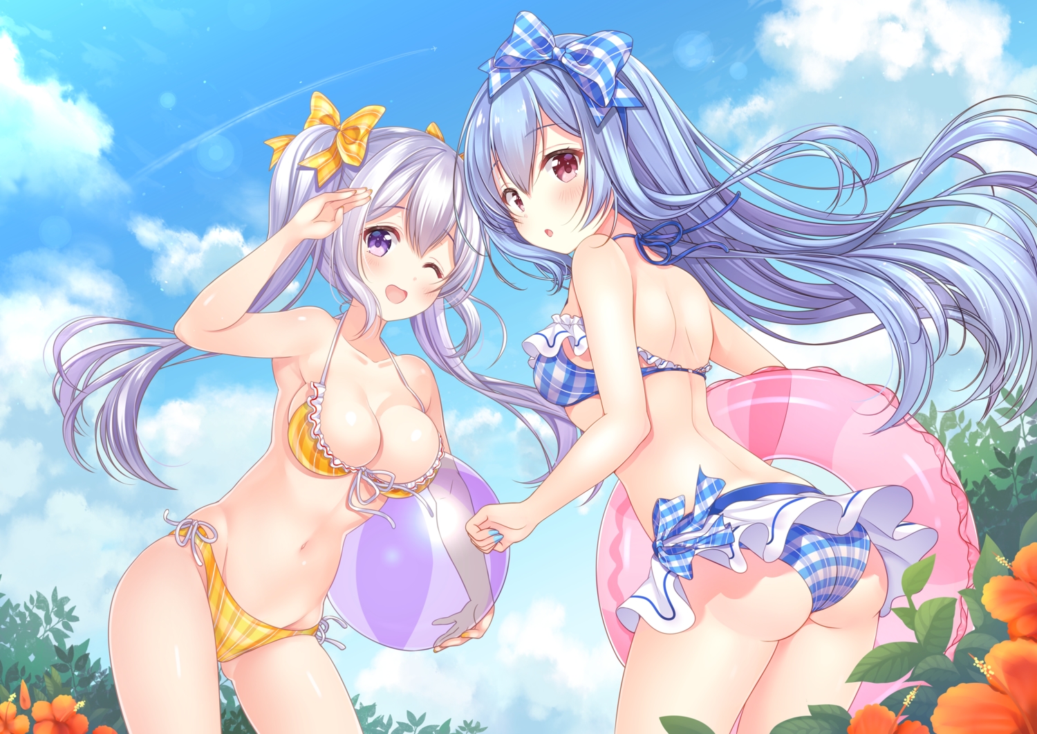 2girls, aoba_chise, aoba_project, aoba_rena, ass, ball, bikini, blue_hair, blush, bow, breasts, cleavage, clouds, flowers, long_hair, navel, pink_eyes, purple_eyes, sakura_moyon, sky, swim_ring, swimsuit, twintails, white_hair, wink