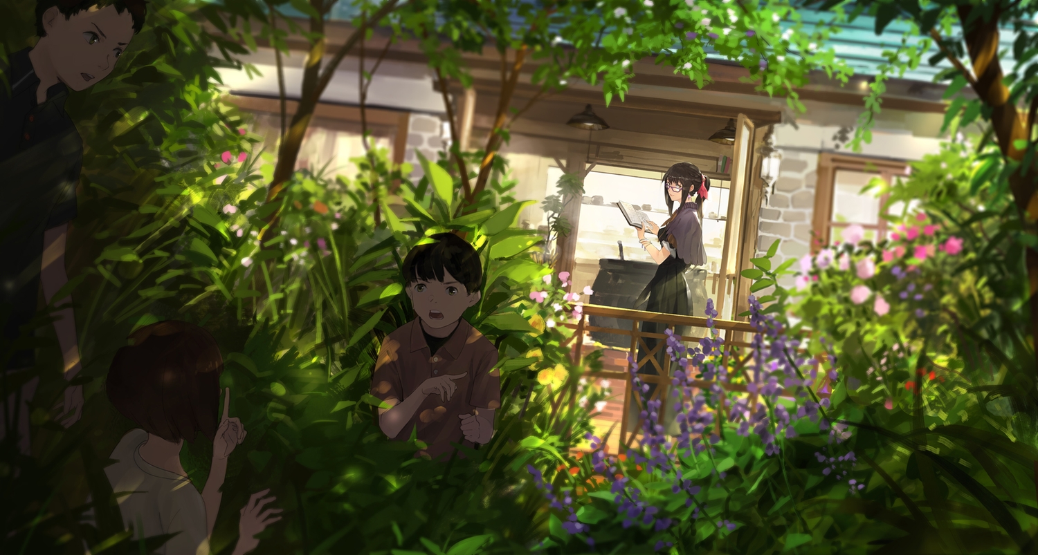 black_hair, book, brown_hair, building, cape, dress, flowers, glasses