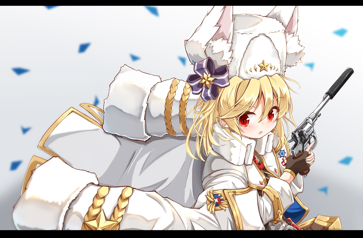 animal_ears, anthropomorphism, blonde_hair, girls_frontline, gloves, gradient, gun, hat, loli, long_hair, matsuo_(matuonoie), military, nagant_revolver, red_eyes, uniform, weapon