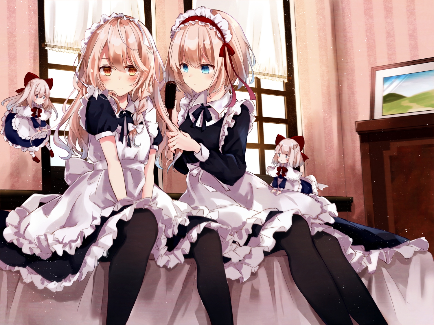 alice_margatroid, bed, blonde_hair, blue_eyes, blush, bow, braids, doll, dress, headdress, hourai, kirisame_marisa, kisaragi_yuri, long_hair, maid, pantyhose, shanghai_doll, short_hair, touhou, yellow_eyes