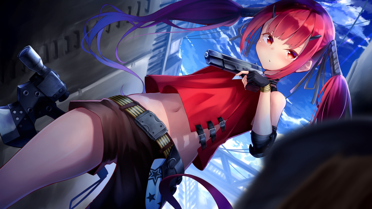 anthropomorphism, blush, building, clouds, cz-75_(girls_frontline), girls_frontline, gun, long_hair, navel, red_eyes, red_hair, sky, tagme_(artist), twintails, weapon