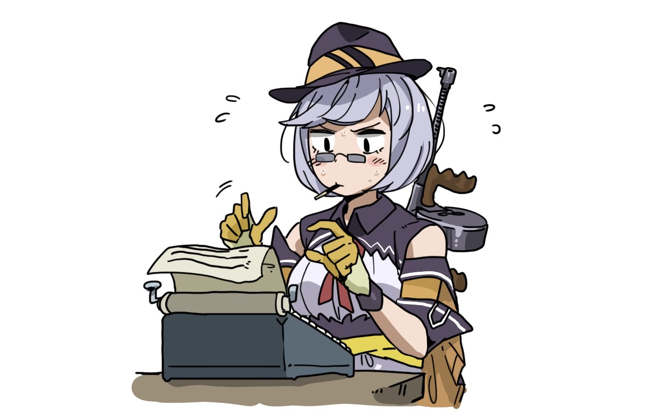 anthropomorphism, anyan_(jooho), girls_frontline, glasses, gloves, gray_hair, gun, hat