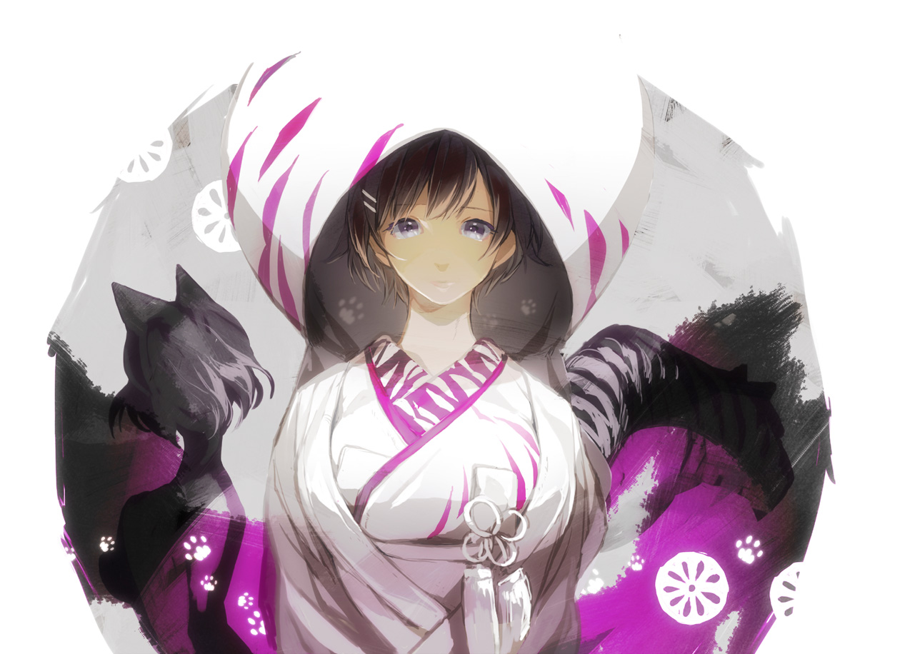 animal_ears, black_hair, gray_eyes, hanekawa_tsubasa, hood, japanese_clothes, kimono, monogatari_(series)