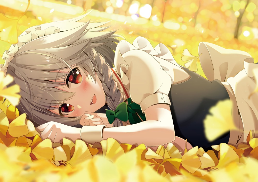 apron, autumn, blush, braids, close, gray_hair, headdress, izayoi_sakuya, leaves, maid, red_eyes, short_hair, touhou, wristwear, yellow, yuuka_nonoko
