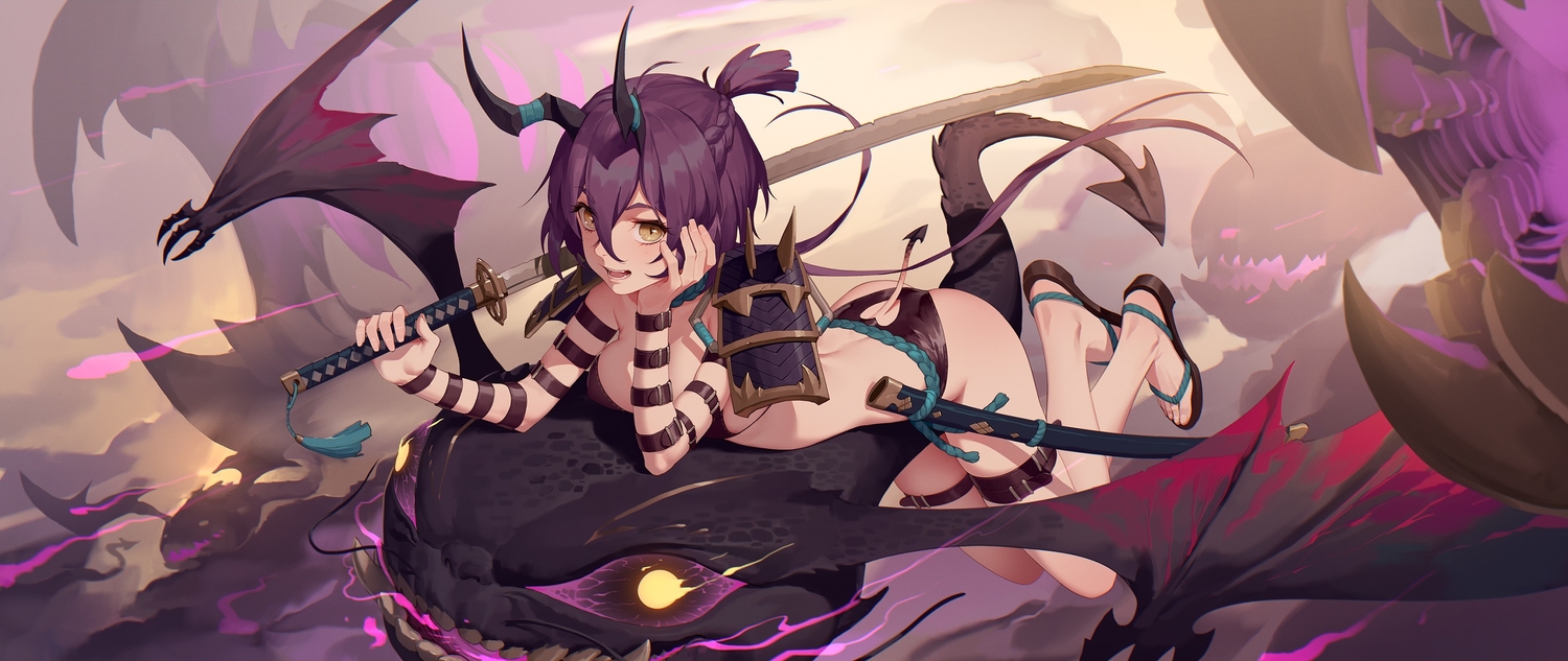 armor, ass, bikini, braids, daye_bie_qia_lian, horns, jpeg_artifacts, katana