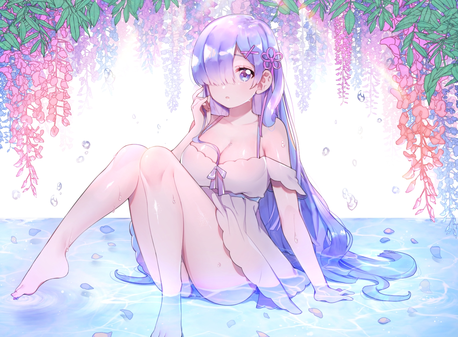 barefoot, blue_eyes, blue_hair, breasts, cleavage, dress, flowers, long_hair, panties, rem_(re:zero), re:zero_kara_hajimeru_isekai_seikatsu, rimsuk, summer_dress, underwear, water, wet