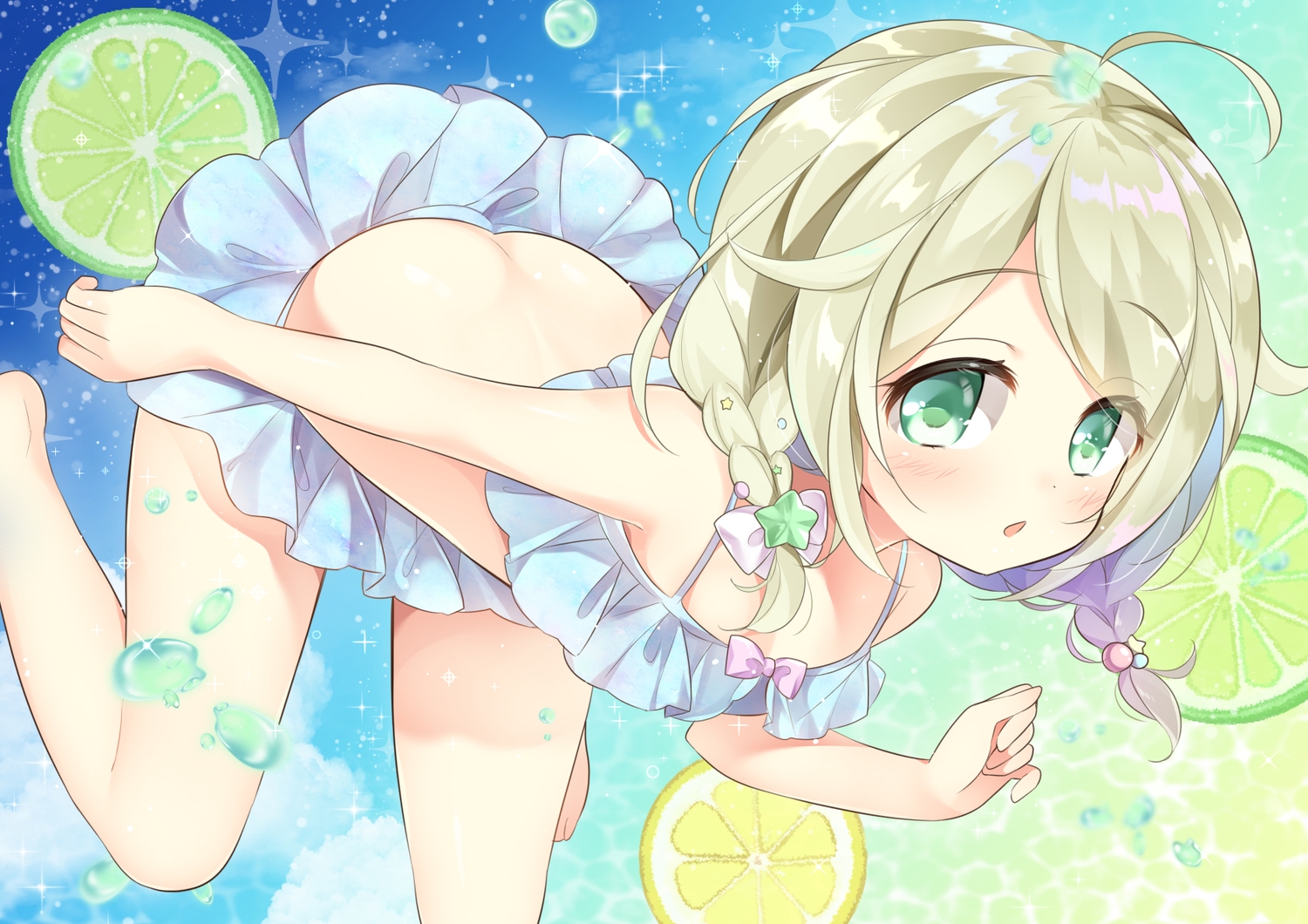 barefoot, bikini, blonde_hair, blush, braids, food, fruit, gau_(n00_shi), green_eyes, idolmaster, idolmaster_cinderella_girls, loli, swimsuit, twintails, yusa_kozue