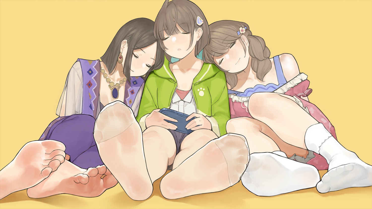 barefoot, brown_hair, game_console, himote_house, pantyhose, sleeping, socks, yomu_(sgt_epper)