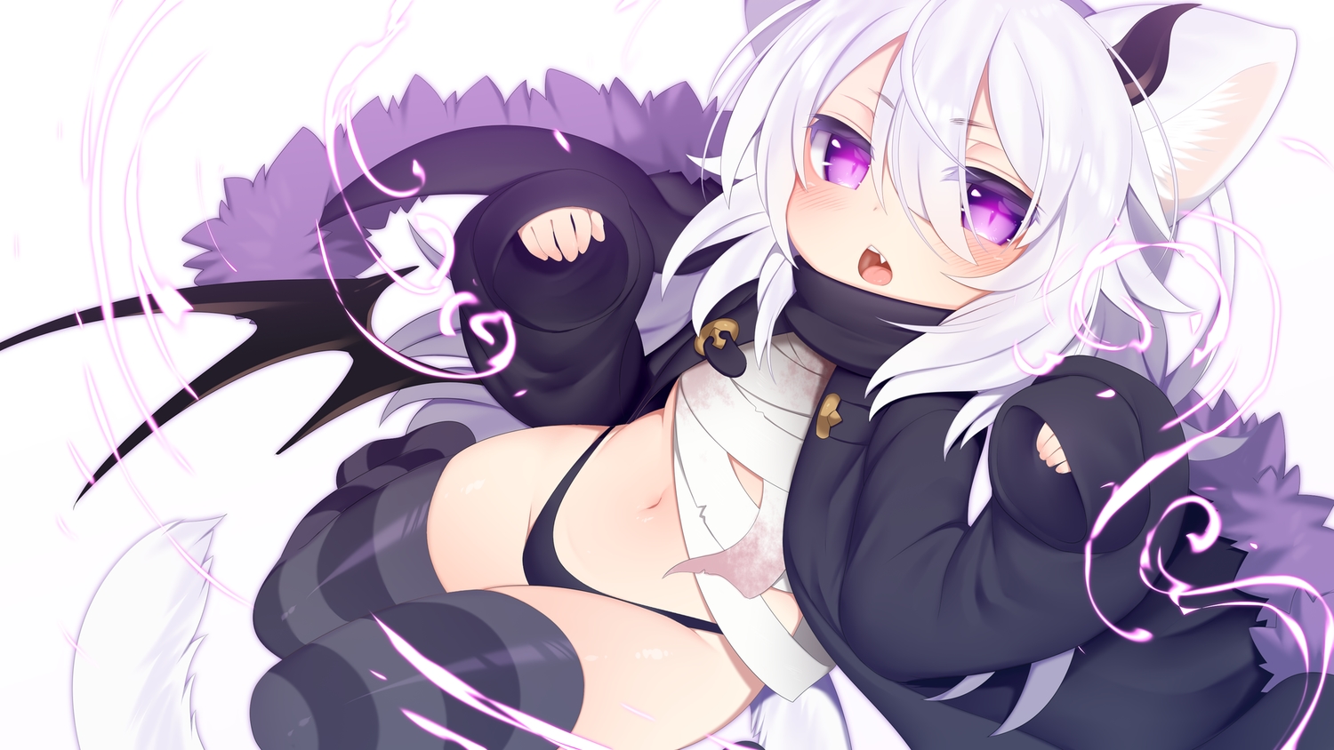 animal_ears, bandage, catgirl, fang, loli, long_hair, mofuaki, navel, original, panties, purple_eyes, tail, thighhighs, underwear, white_hair