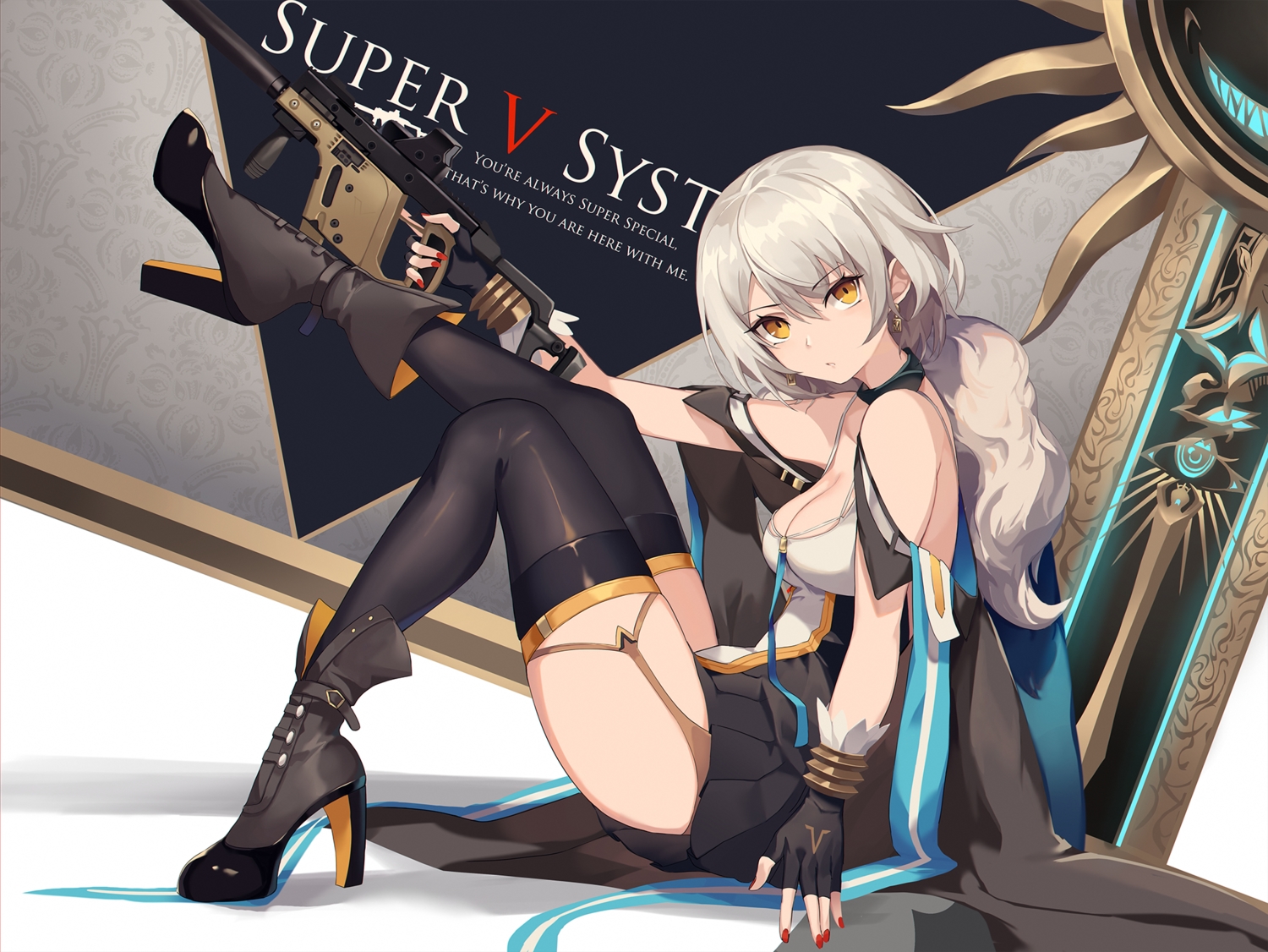 anthropomorphism, breasts, cape, cleavage, eruthika, garter_belt, girls_frontline, gloves