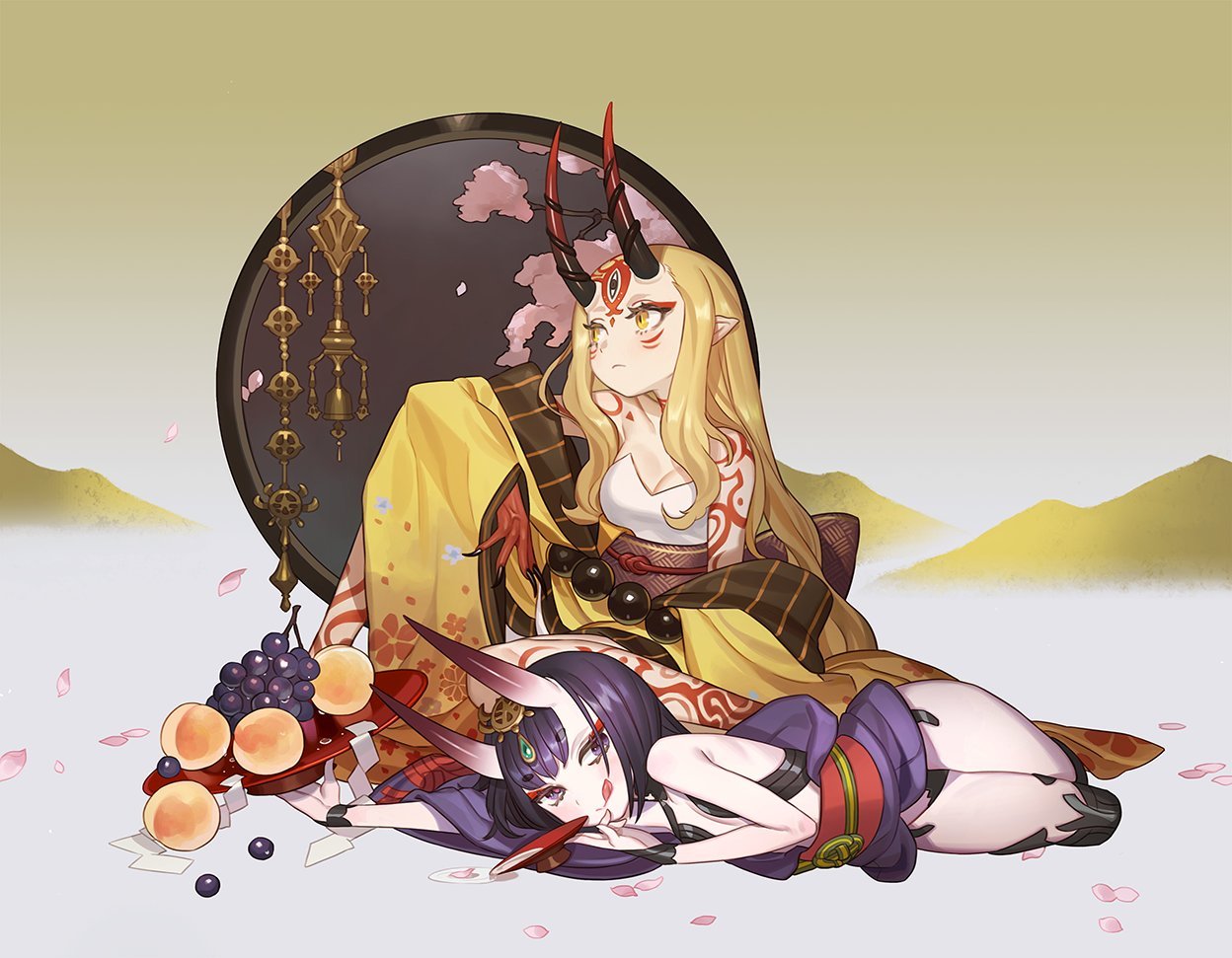 2girls, black_hair, blonde_hair, breasts, cleavage, demon, drink, fate/grand_order