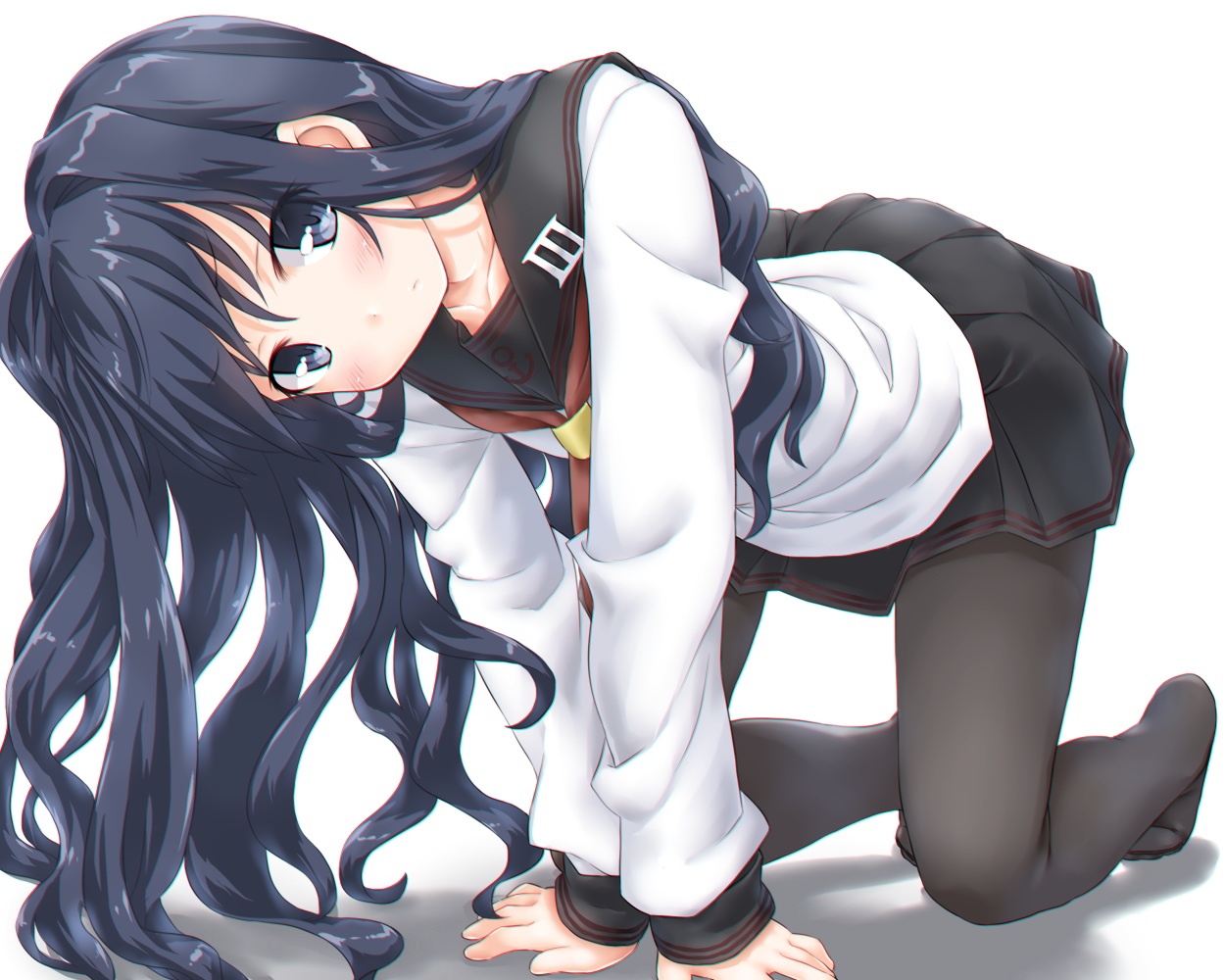 akatsuki_(kancolle), anthropomorphism, blue_eyes, blue_hair, blush, dd_(ijigendd), kantai_collection, long_hair, pantyhose, school_uniform, skirt, white