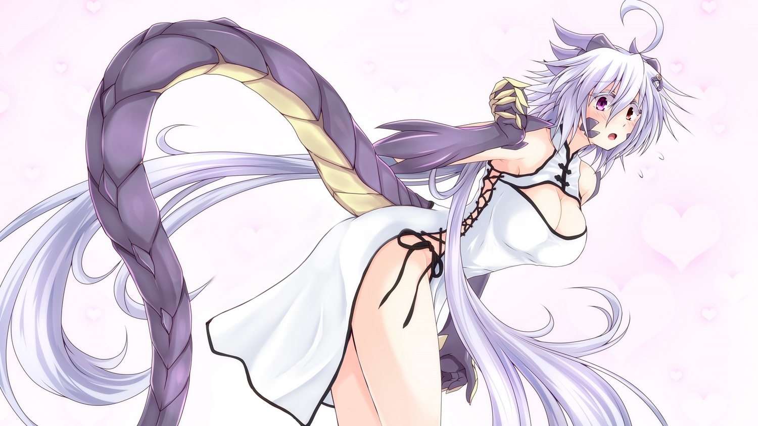 anthropomorphism, bicolored_eyes, breasts, chinese_clothes, chinese_dress, cleavage, dress, g_(desukingu), long_hair, no_bra, nopan, original, tail, white_hair