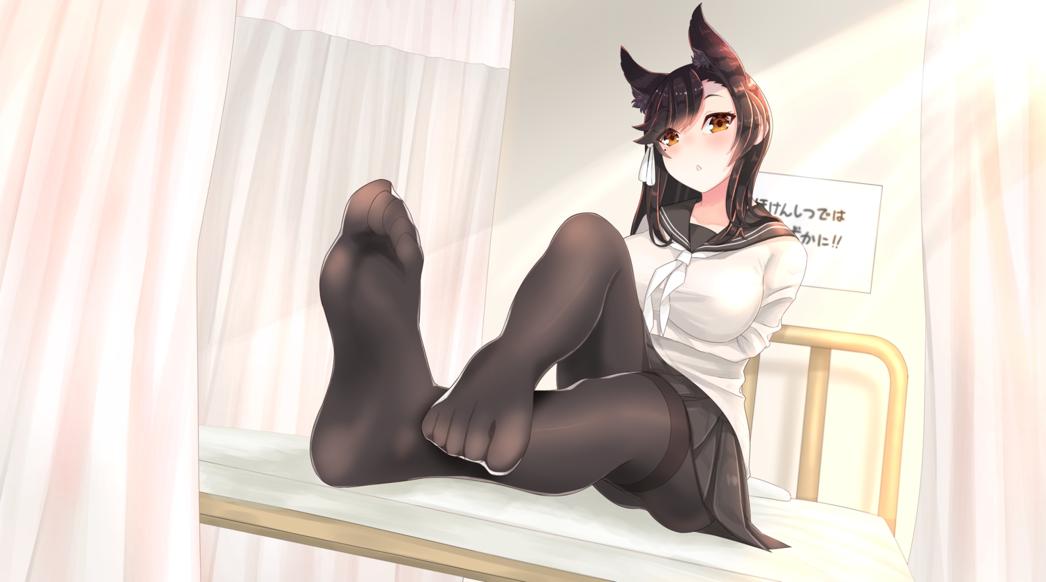 animal_ears, anthropomorphism, atago_(azur_lane), azur_lane, bed, breasts, doggirl, pantyhose, school_uniform, yamaha_tsui