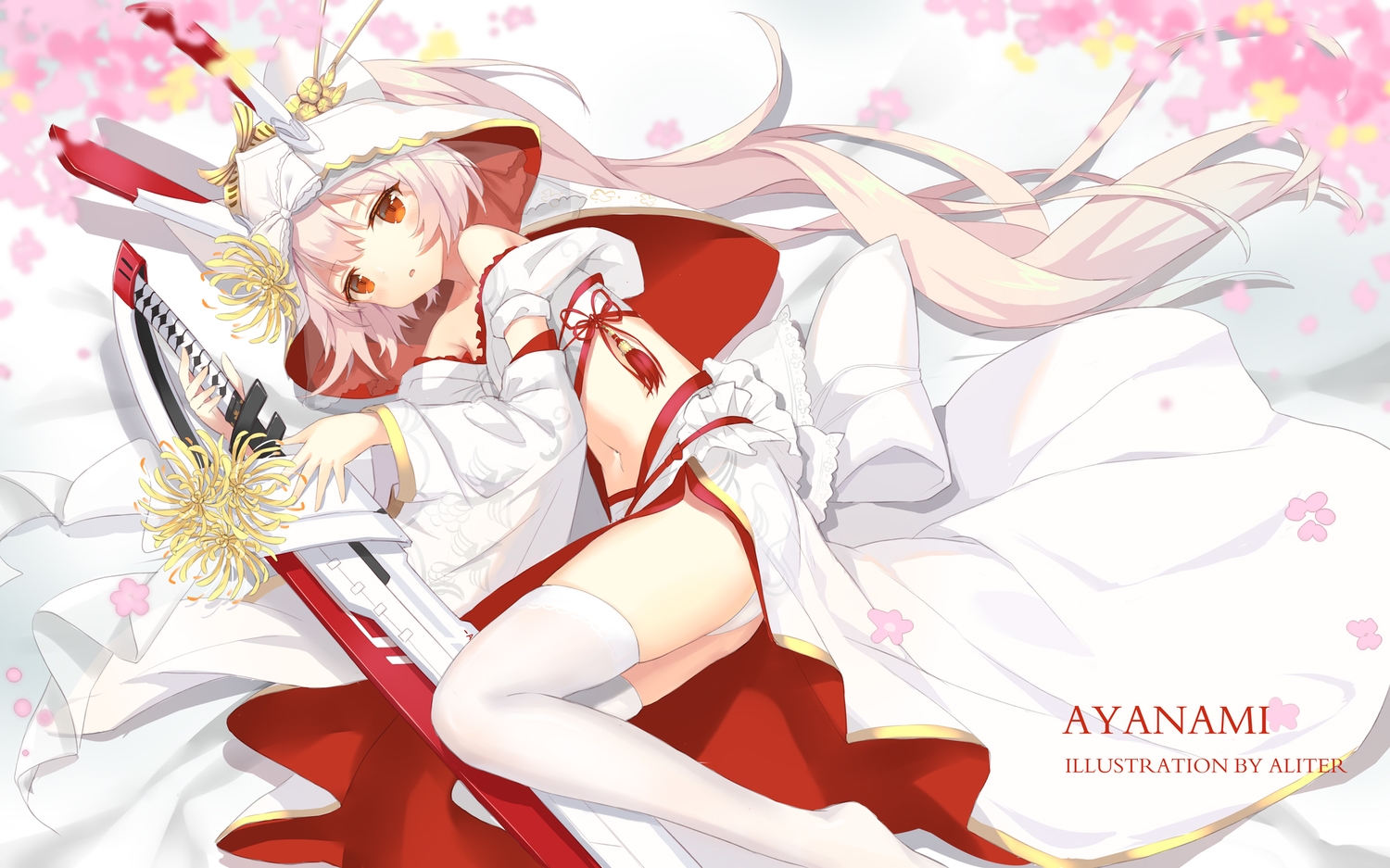 aliter, anthropomorphism, ayanami_(azur_lane), azur_lane, bow, japanese_clothes, long_hair, navel