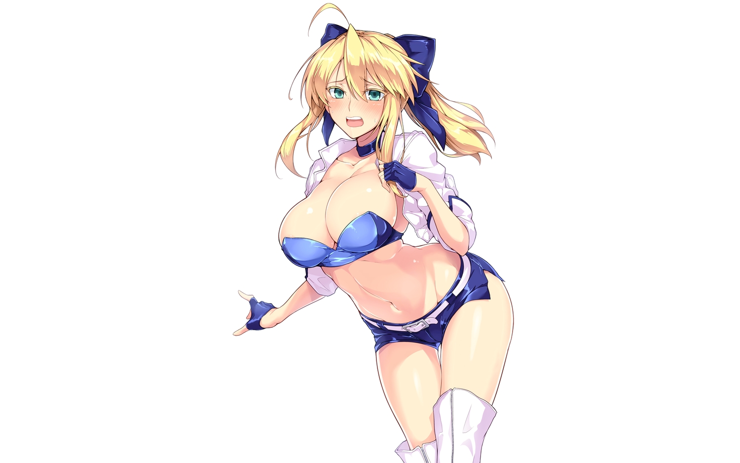 artoria_pendragon_(all), artoria_pendragon_(lancer), blonde_hair, blush, boots, breasts, choker, cleavage