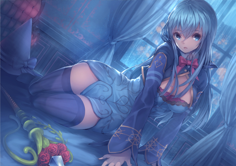 aqua_eyes, blue_hair, dress, fantasy_earth_zero, flowers, long_hair, rose, ryouku