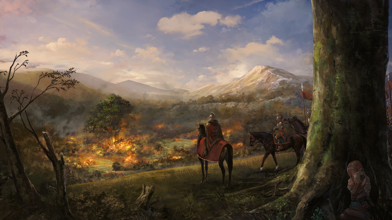 akiyama_uta, animal, armor, clouds, elbow_gloves, fire, gloves, grass, gray_hair, group, horse, hug, loli, original, pantyhose, pointed_ears, scenic, skirt, sky, tree