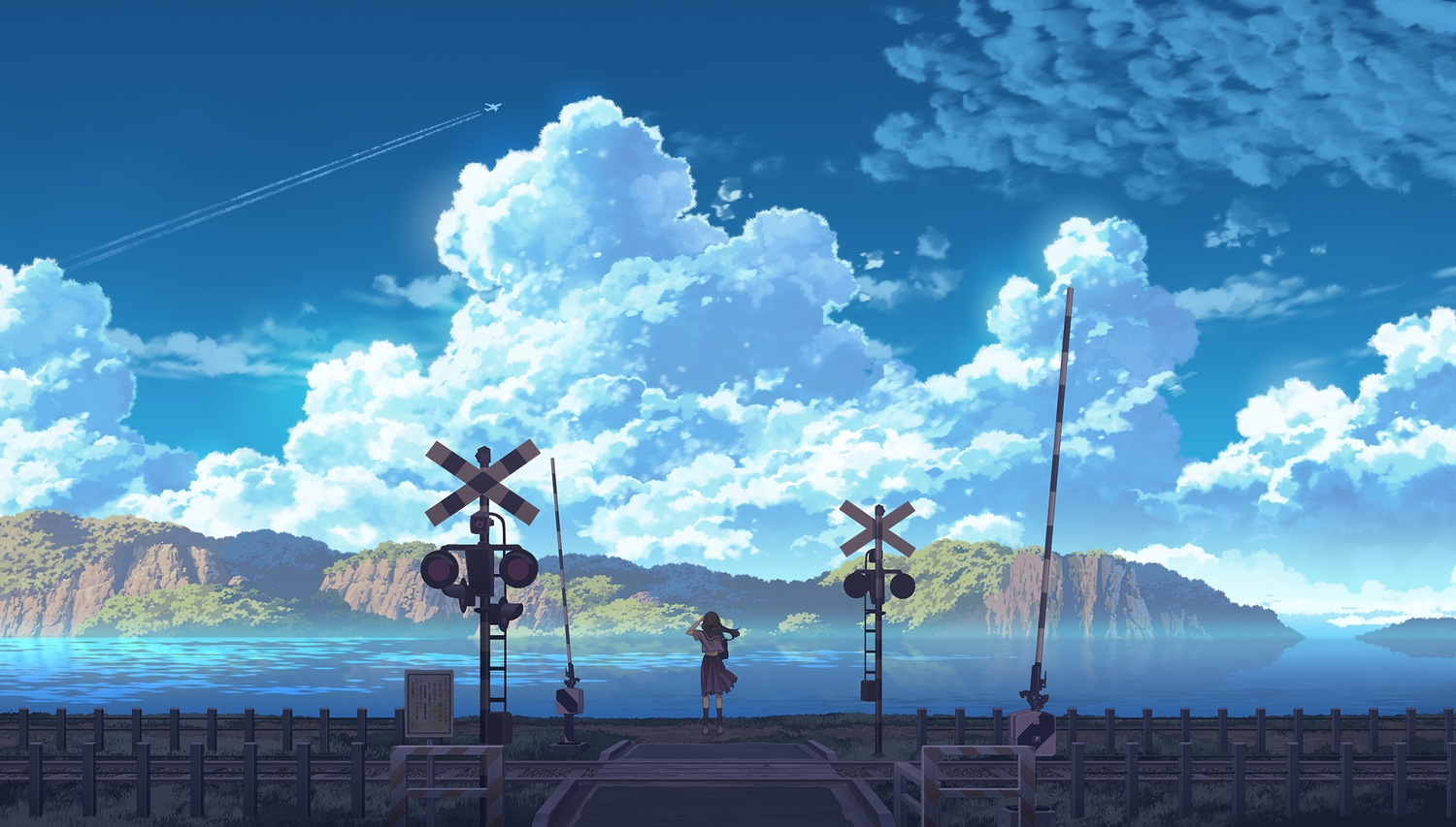 aircraft, black_hair, clouds, long_hair, original, scenic, school_uniform, sennotane, skirt, sky, water