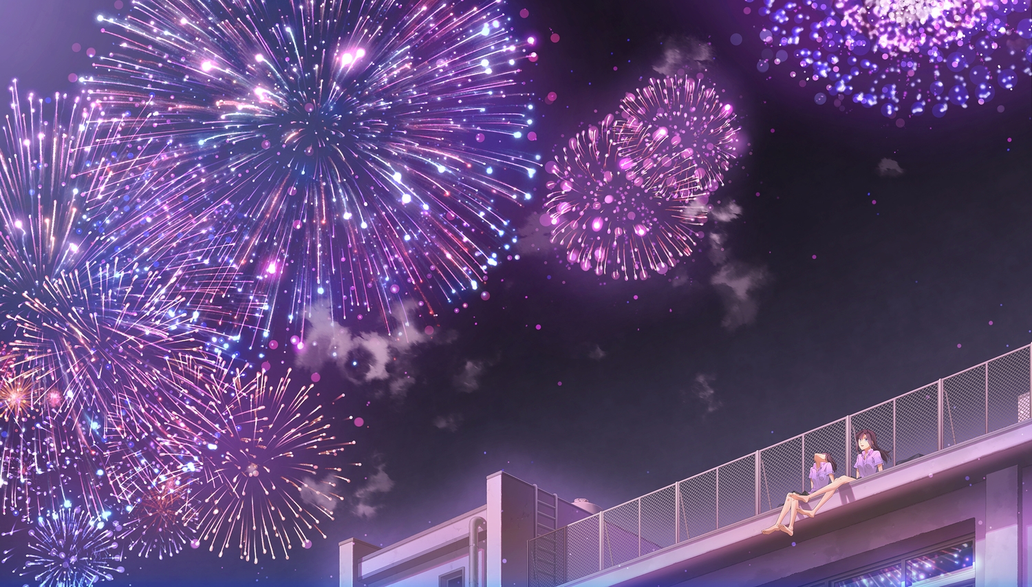 2girls, barefoot, brown_hair, fireworks, long_hair, night, original, reflection