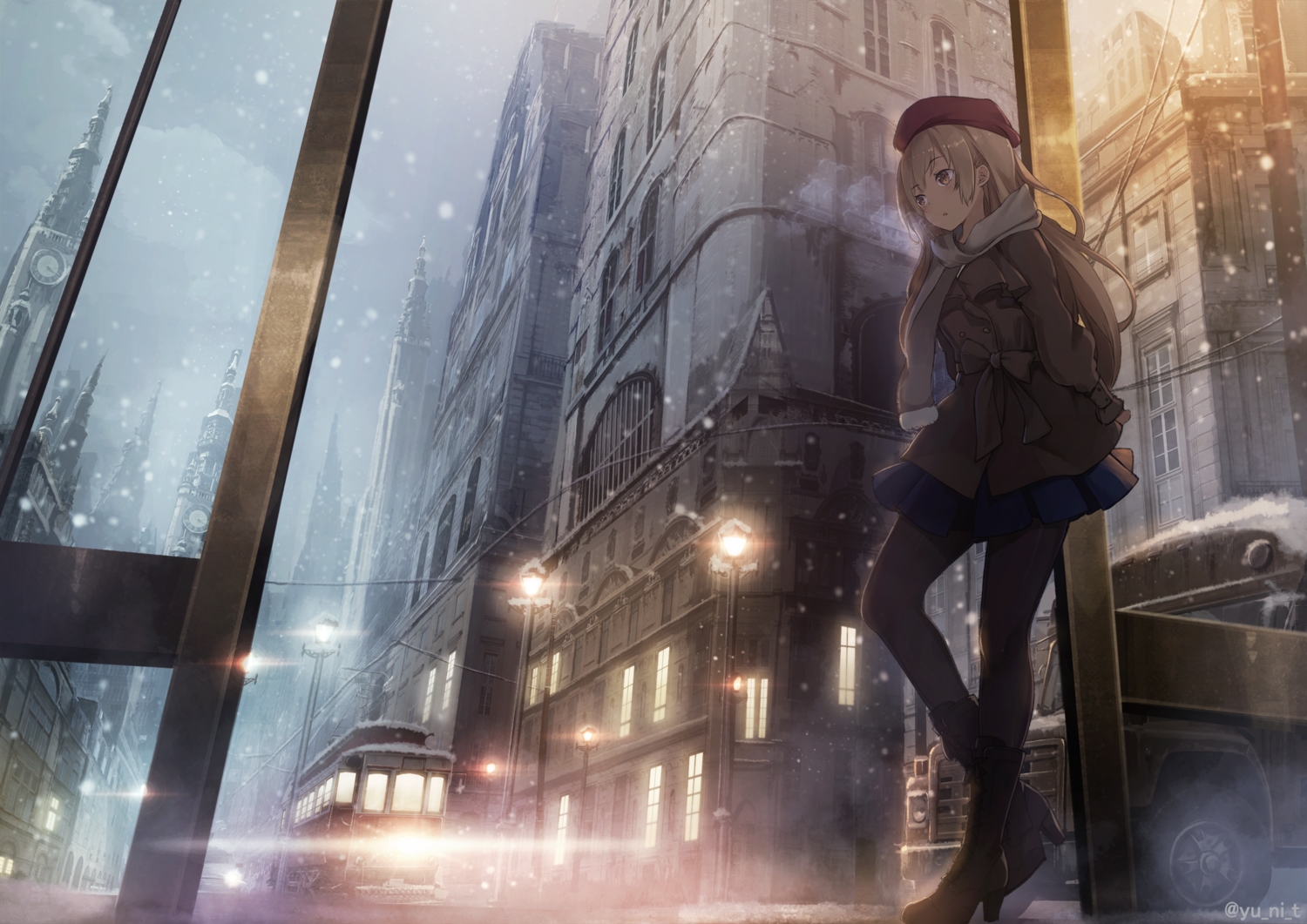 bow, brown_eyes, brown_hair, building, car, city, hat, long_hair, original, pantyhose, skirt, snow, watermark, yu_ni_t
