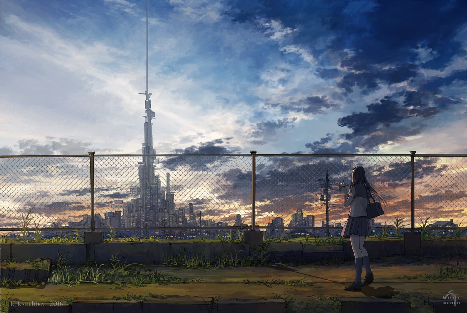 black_hair, building, city, clouds, drink, jpeg_artifacts, k_kanehira, kneehighs