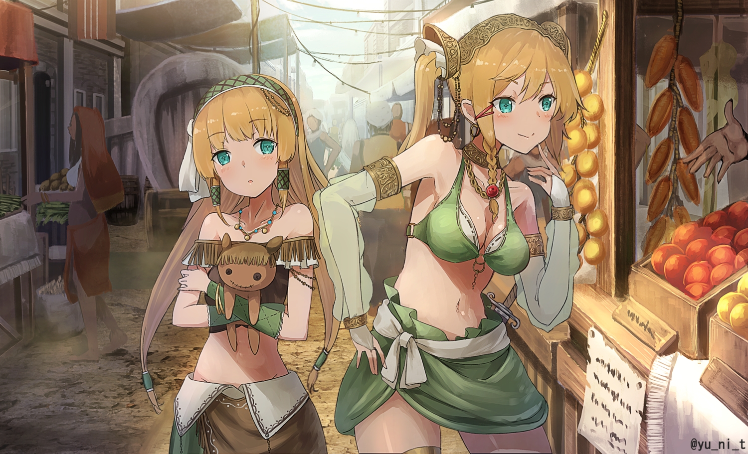 barefoot, bikini_top, blonde_hair, blush, braids, breasts, cleavage, doll