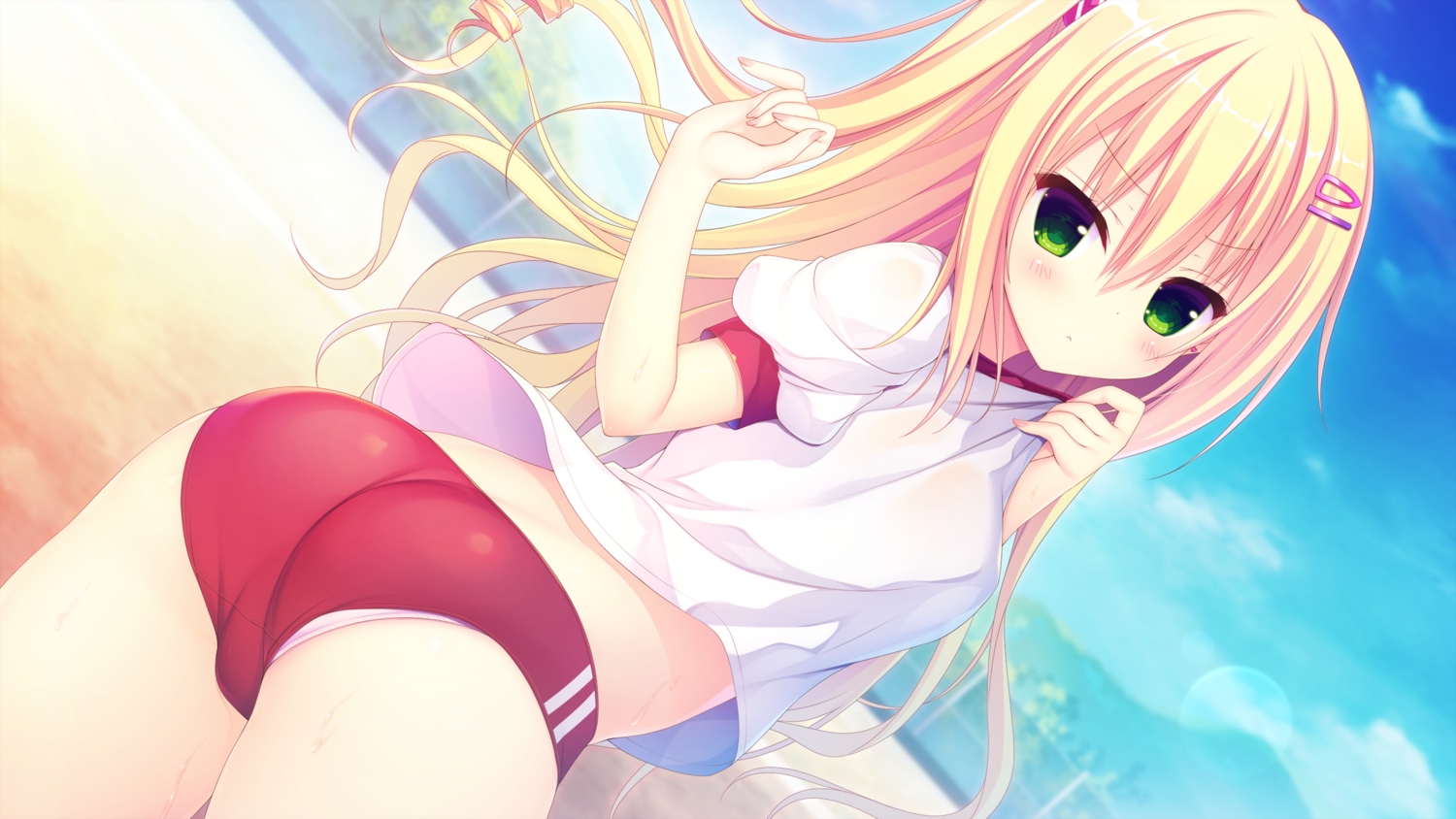 ass, blonde_hair, bloomers, blush, clouds, game_cg, green_eyes, gym_uniform, hasune, long_hair, madosoft, ponytail, raspberry_cube, sky, yuzuki_yuu
