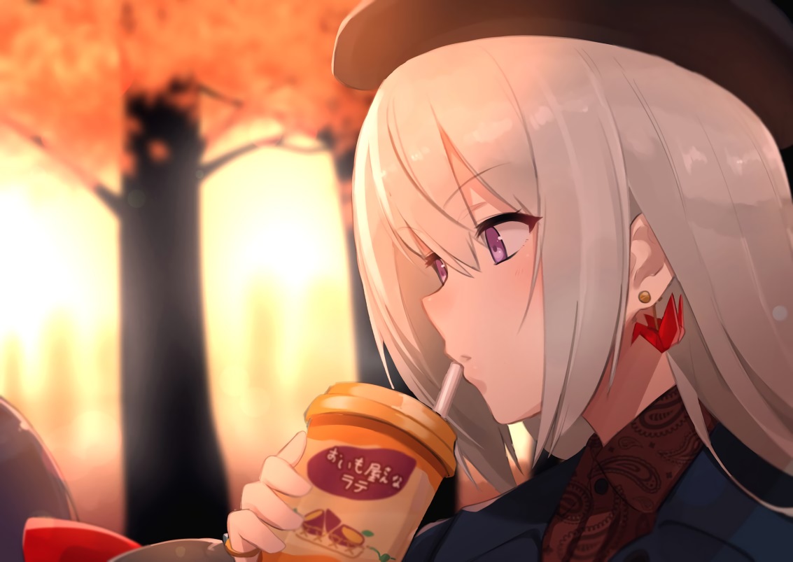 autumn, close, drink, gray_hair, hat, long_hair, nuezou, original, purple_eyes, tree