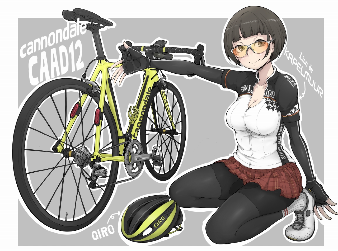 bicycle, black_hair, breasts, brown_eyes, cleavage, gloves, goggles, ina_(gokihoihoi), original, short_hair, skirt, socks