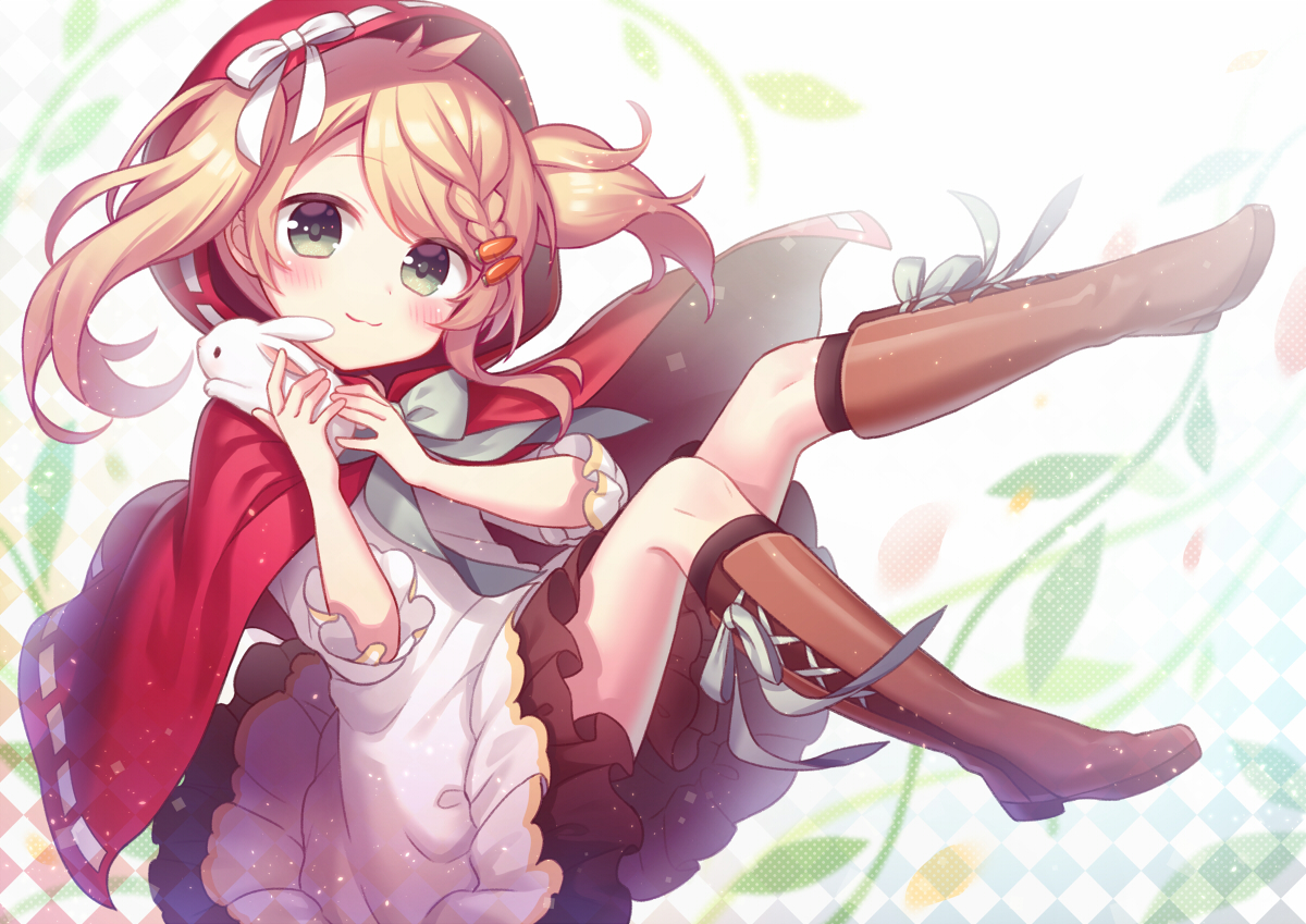 amane_kurumi, animal, blonde_hair, blush, boots, bow, braids, cape
