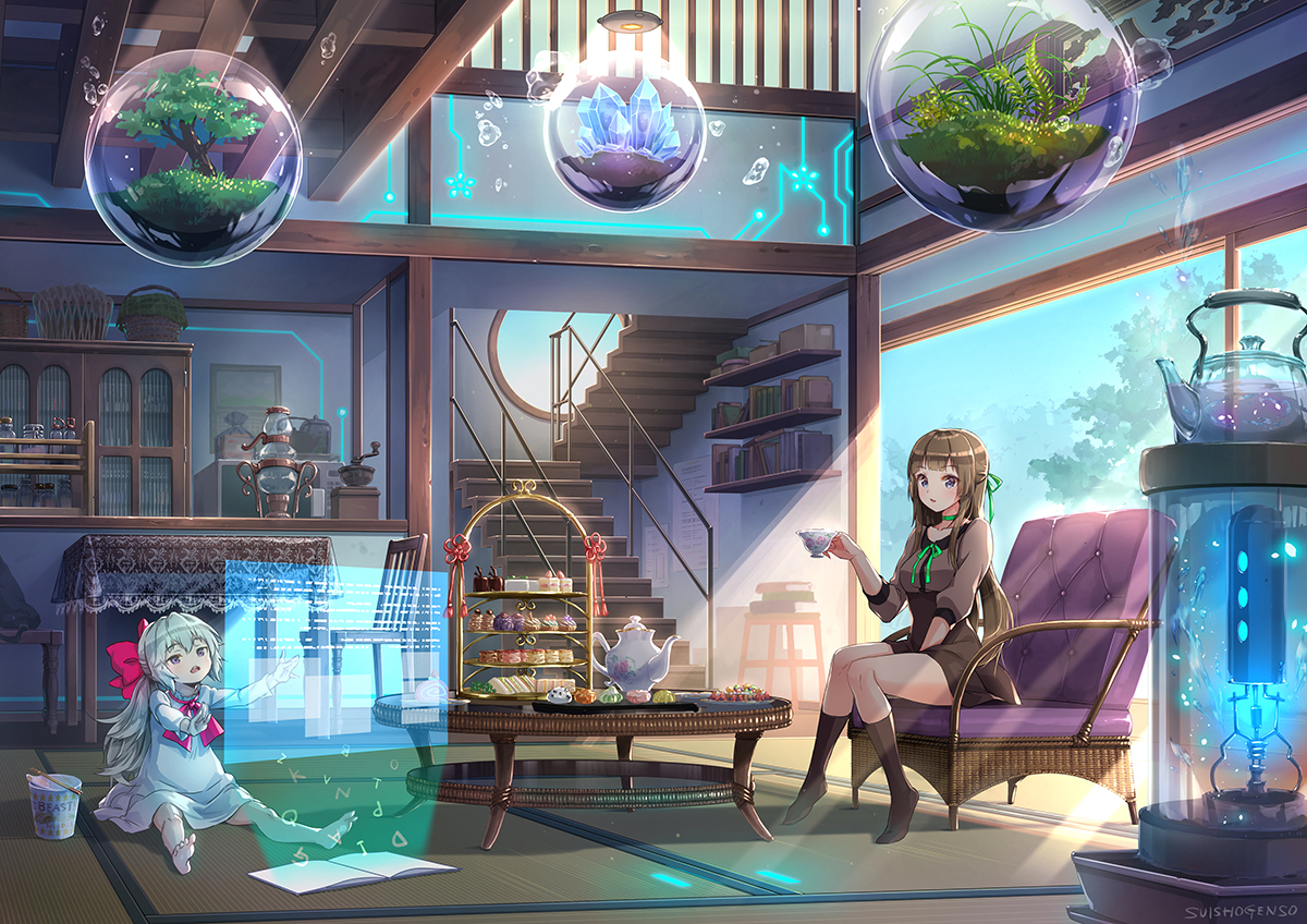 2girls, barefoot, blonde_hair, book, bow, brown_hair, cake, dress, drink, food, kneehighs, loli, long_hair, original, signed, stairs, suishougensou